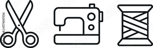 Minimalist sewing tools icons featuring scissors, sewing machine, and thread
