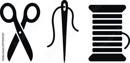 Sewing tools silhouette scissors, needle, thread reel design on gradient background