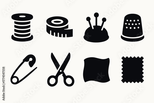 Sewing tools icon set simple black silhouettes of common sewing essentials