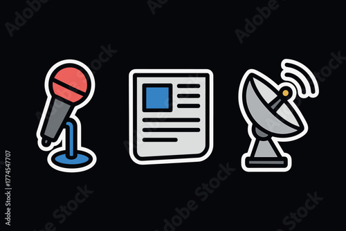 Colorful media icons microphone, newspaper, satellite dish on black