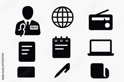 Media and communication icons set featuring press, global, radio, and digital devices in black silhouette style