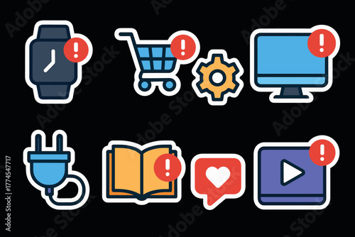 Modern alert icon set colorful stickers featuring notifications on devices and technology