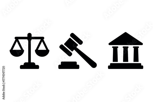 Symbols of justice with scales, gavel, and courthouse in silhouette style