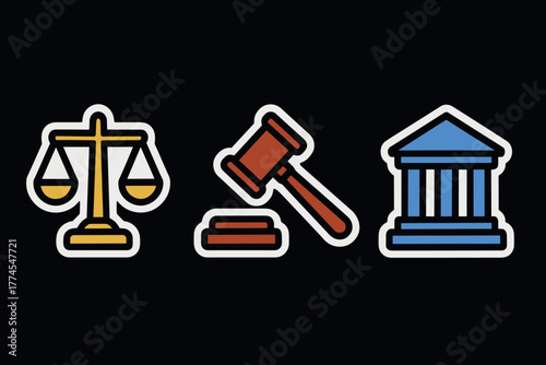 Stylized icons of justice scales, gavel, and courthouse on black background