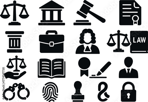 Comprehensive legal icon set featuring flat design symbols for law and justice themes