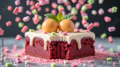 Delicious red velvet cake topped with creamy frosting, colorful sprinkles, and decorative fruits creates joyful dessert scene