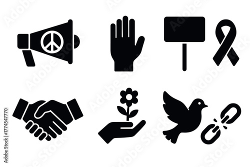 Silhouette icons of peace and activism megaphone, hand, ribbon, and dove