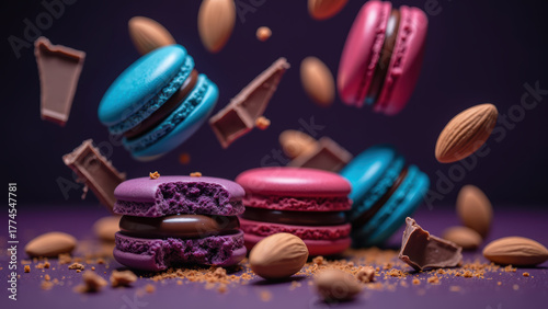 Colorful macarons with chocolate and almonds create delightful scene of indulgence and sweetness. vibrant hues and textures evoke sense of joy