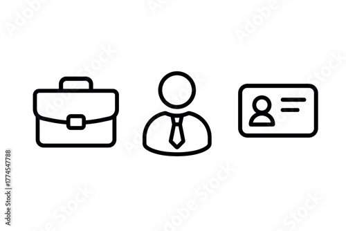 Business icon set featuring briefcase, person, and id card in linear style