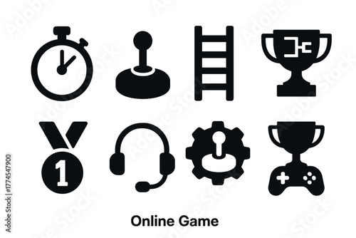 Online game icons set featuring trophies, joystick, ladder, stopwatch, headset, gear