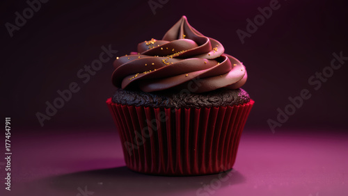 Decadent chocolate cupcake with rich frosting and golden sprinkles, set against vibrant purple background, evokes indulgence and delight