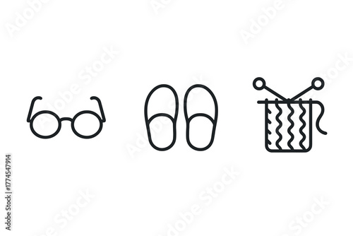 Cozy essentials in minimalist line art glasses, slippers, and knitting