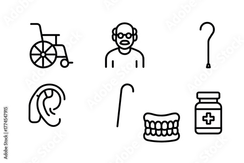 Senior care icons set line art symbols of aging and accessibility