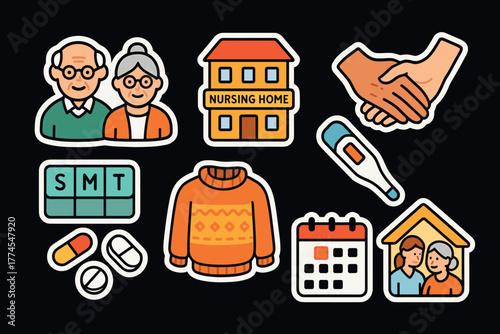 Caring for seniors a vibrant collection of elderly care icons and symbols
