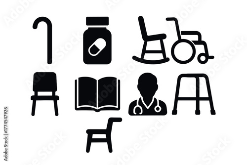 Essential icons for elder care mobility aids, medicine, and medical symbols