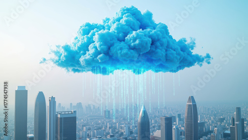 Digital cloud with blue hues hovers above modern city skyline, emitting streams of data resembling rain. This captures fusion of technology