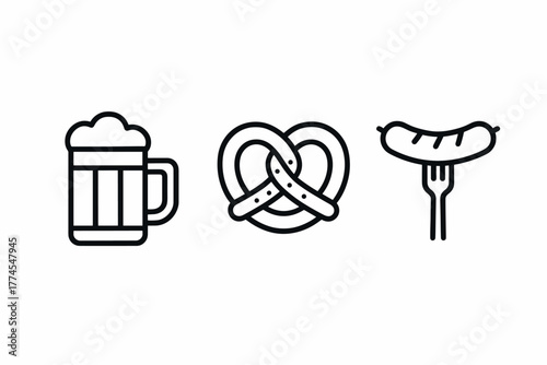 German cuisine symbols beer, pretzel, and sausage in linear style