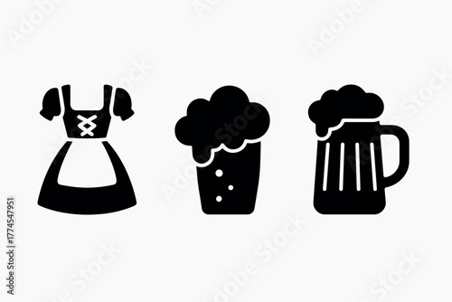 Bavarian icons dirndl dress, beer glass, mug silhouettes for oktoberfest celebrations