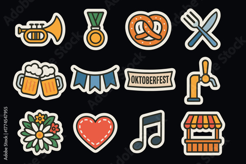 Colorful oktoberfest icons of music, food, and celebration on black background