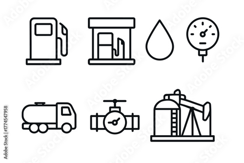 Fuel and energy icons set pump, gauge, oil drop, truck, valve, refinery