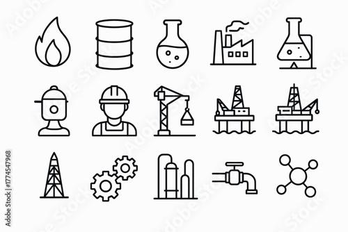 Industrial icons set oil, gas, and energy sector line art collection