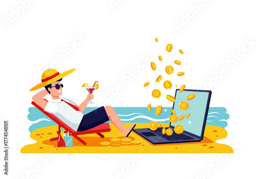 Man relaxing on a beach chair with a cocktail as money flows from his laptop, symbolizing online income and financial freedom.