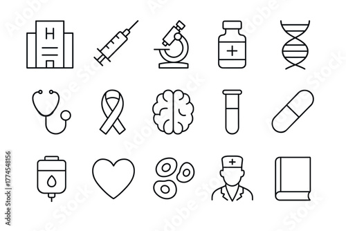 Minimalist medical icons collection featuring health, science, and wellness symbols