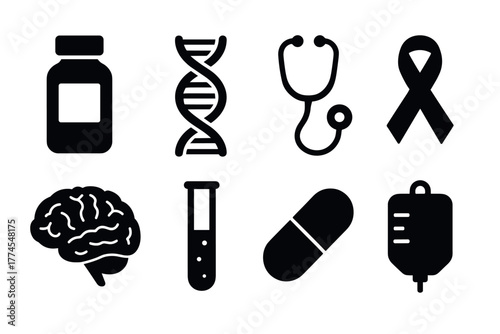 Medical icons health symbols including dna, stethoscope, and ribbon