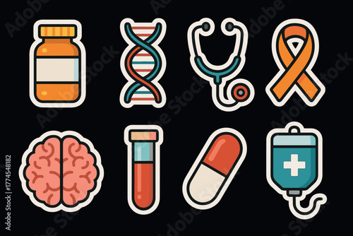 Colorful medical icons on black background featuring health care elements in sticker style