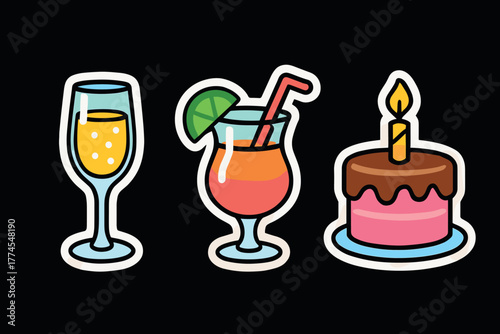 Colorful celebration drinks and dessert festive icons on dark background