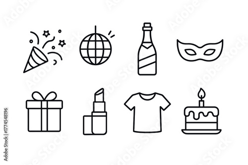 Party celebration icons disco ball, mask, cake, and more in minimalist style