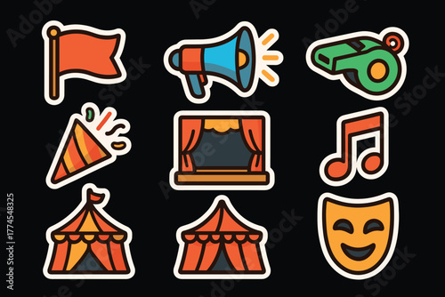 Colorful sticker icons of circus and entertainment elements on black background