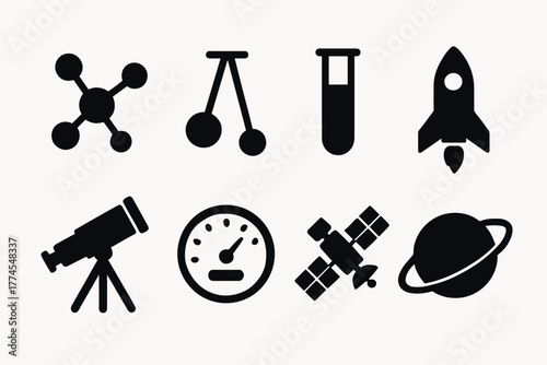 Science and space icons collection silhouettes of rocket, molecule, telescope, and more