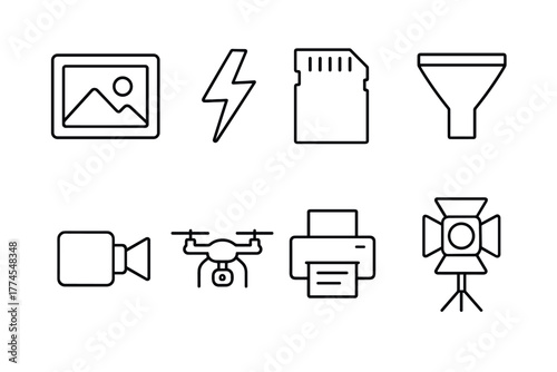 Simple line icons technology and media essentials featuring camera, drone, printer, and more