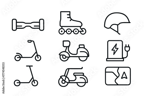 Urban mobility icons set featuring scooters, electric vehicles, and safety gear in minimalist linear style