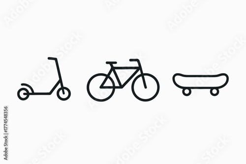 Minimalist icons of scooter, bicycle, and skateboard for transportation design