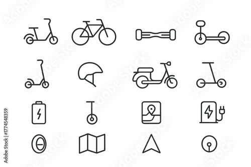 Urban transport icons bicycles, scooters, and hoverboards in minimalist style