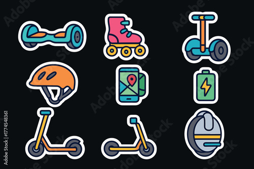 Colorful transportation stickers scooters, hoverboards, and helmets on black