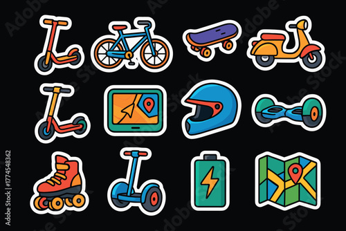 Colorful transportation icons featuring scooters, bicycles, and maps
