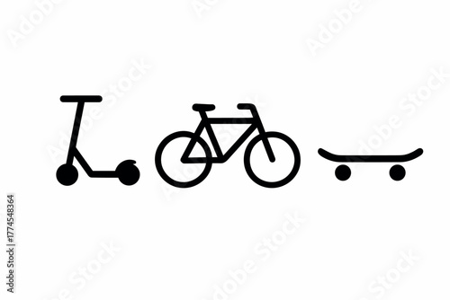 Minimalist design of scooter, bicycle, and skateboard icons