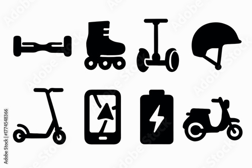 Silhouette icons of urban mobility devices and accessories