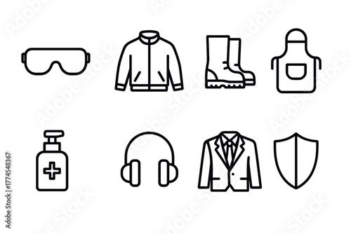Essential safety and health equipment icons for workplace protection in simple linear design