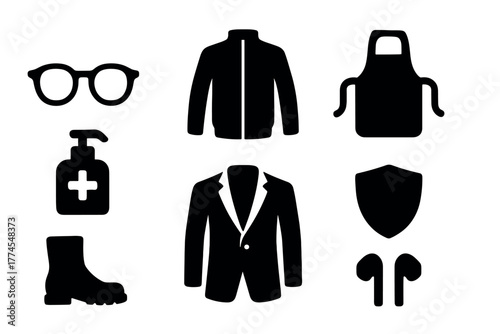 Essential silhouette icons of clothing and accessories for safety and style
