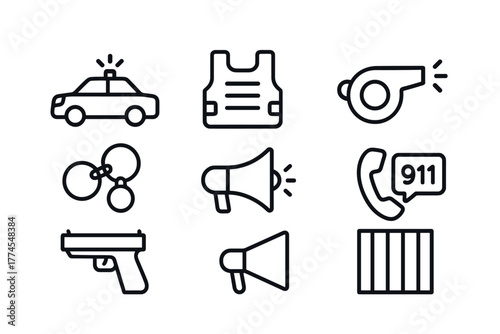 Emergency and law enforcement icons in linear style for modern design