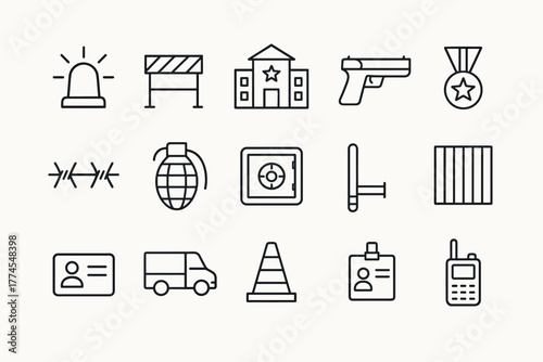 Linear crime and security icons set featuring police station, gun, medal, and more