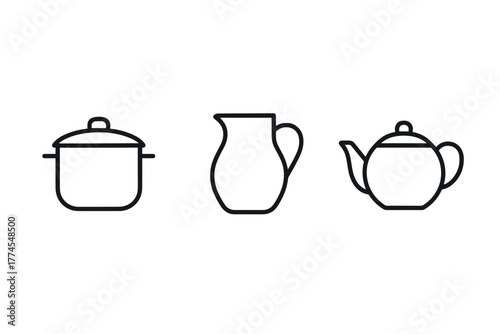 Minimalist kitchenware icons pot, jug, and teapot in simple lines
