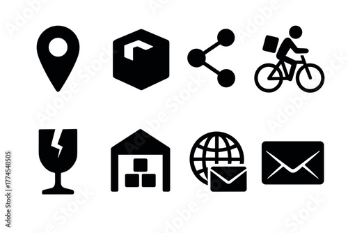 Essential delivery and logistics icons in black pictogram style