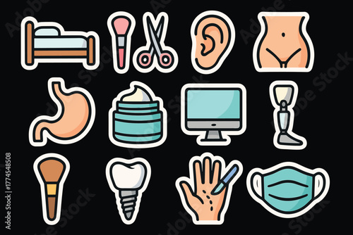Colorful medical and beauty icon set with bold outlines on black background