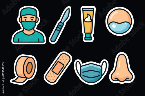 Medical and surgical patch icons set with modern flat style on black background