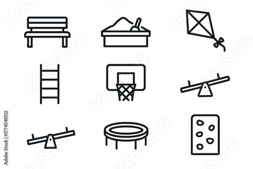 Playground essentials line icons set featuring slide, sandbox, and more